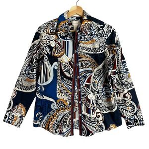 Chicos Size 00 Paisley Print Long Sleeve Button Down Shirt Cotton Blue Multi